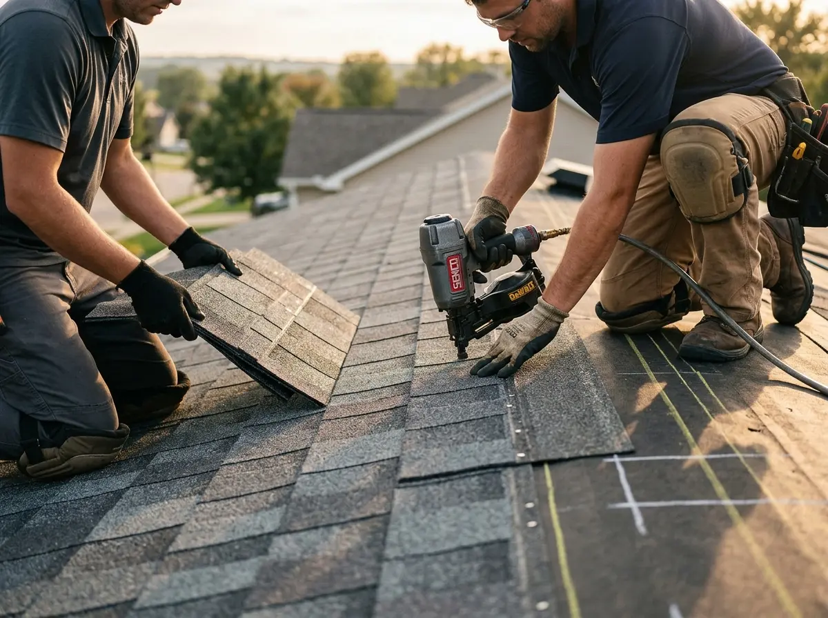 Professional roofer working on a residential roof in Iowa City